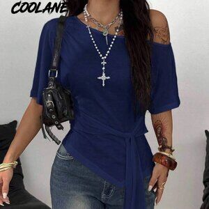 Navy Blue Asymmetricall Hem Off Shoulder Tie Waist Top Fade Resistant Blouse SM